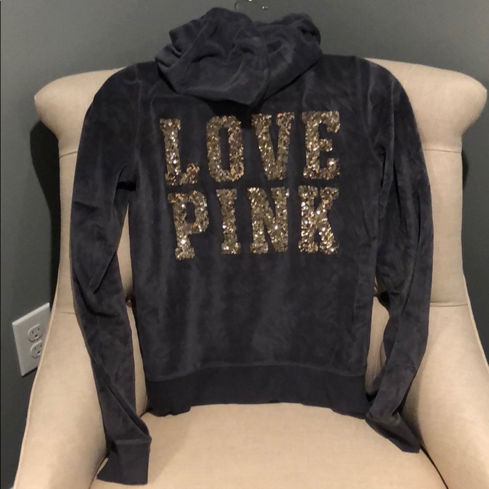 VS PINK grey velour bling gold sequin hoodie